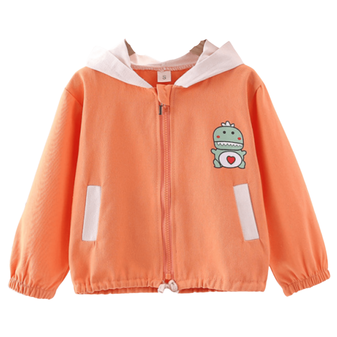 Adorable baby hooded jacket with colorful dinosaur print for toddlers, perfect for fall playtime.