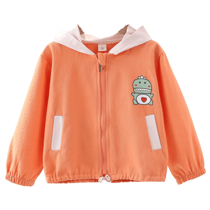 Adorable baby hooded jacket with colorful dinosaur print for toddlers, perfect for fall playtime.