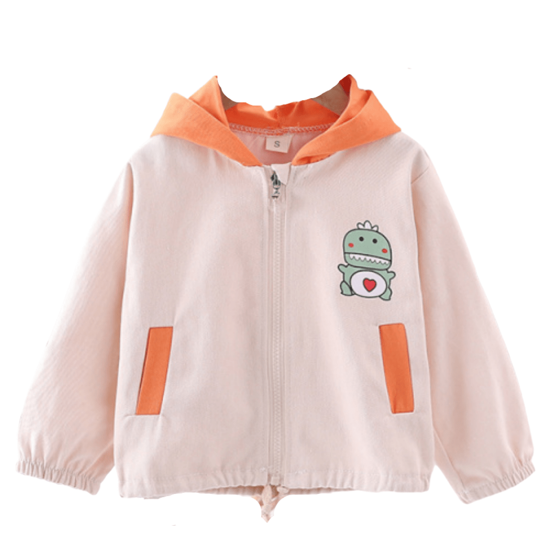 Close-up of a cozy toddler coat featuring a fun baby dinosaur print and soft hood.