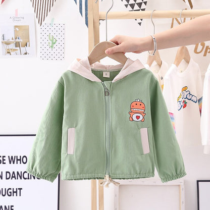 Cute hooded baby jacket with an all-over dinosaur print, suitable for fall fashion for kids.