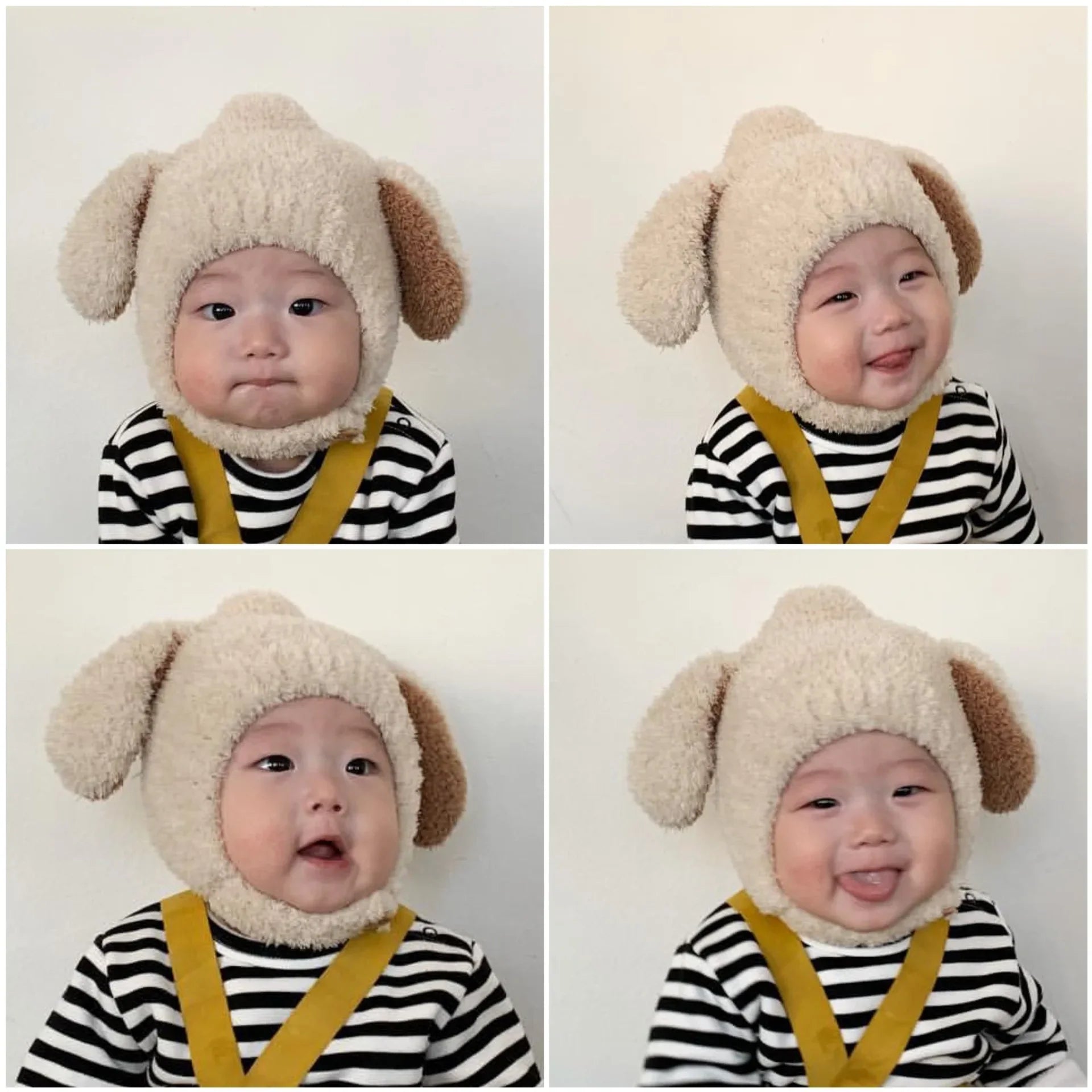 Close-up of a warm baby hat with long rabbit ears, made of soft plush material.