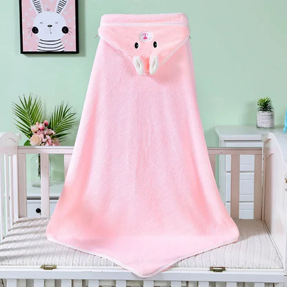 Set of hooded baby towels, animal themed, neatly folded to show their plush texture and vibrant colors.