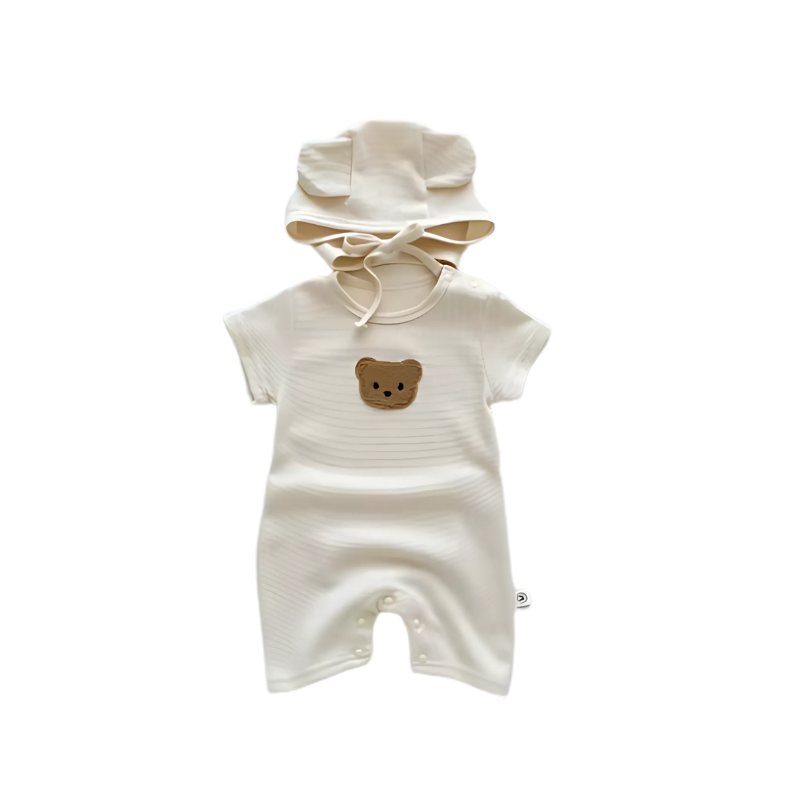 Unisex infant romper and hat set in a cute bear design, made from breathable cotton for summer.