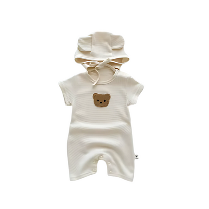Unisex infant romper and hat set in a cute bear design, made from breathable cotton for summer.