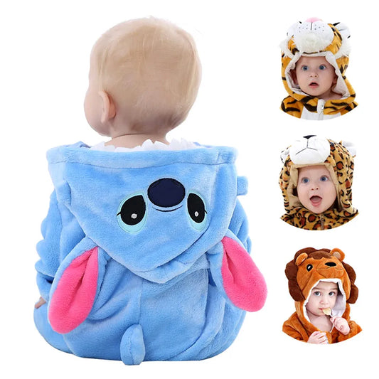 Adorable baby in a soft flannel lion animal pajama bodysuit, perfect for cozy sleep or play.