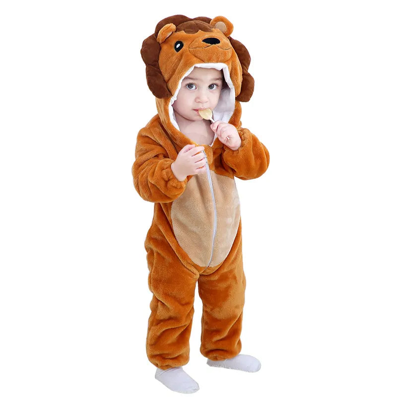 Cute newborn wearing a unisex animal pajama bodysuit, a warm flannel jumpsuit with playful ears.