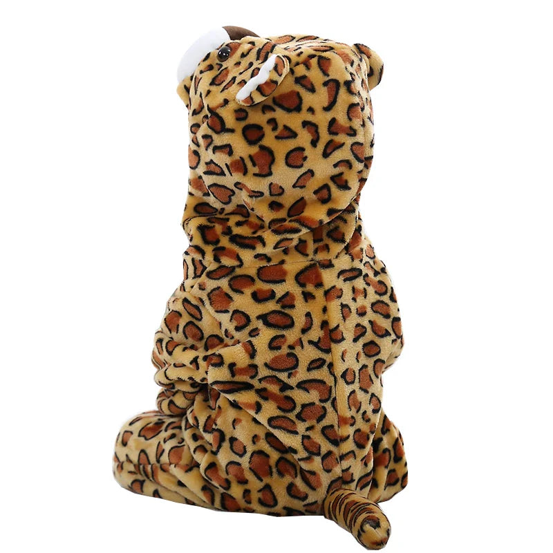 Soft flannel animal pajama bodysuit for baby, a comfortable one-piece infant romper with character hood.