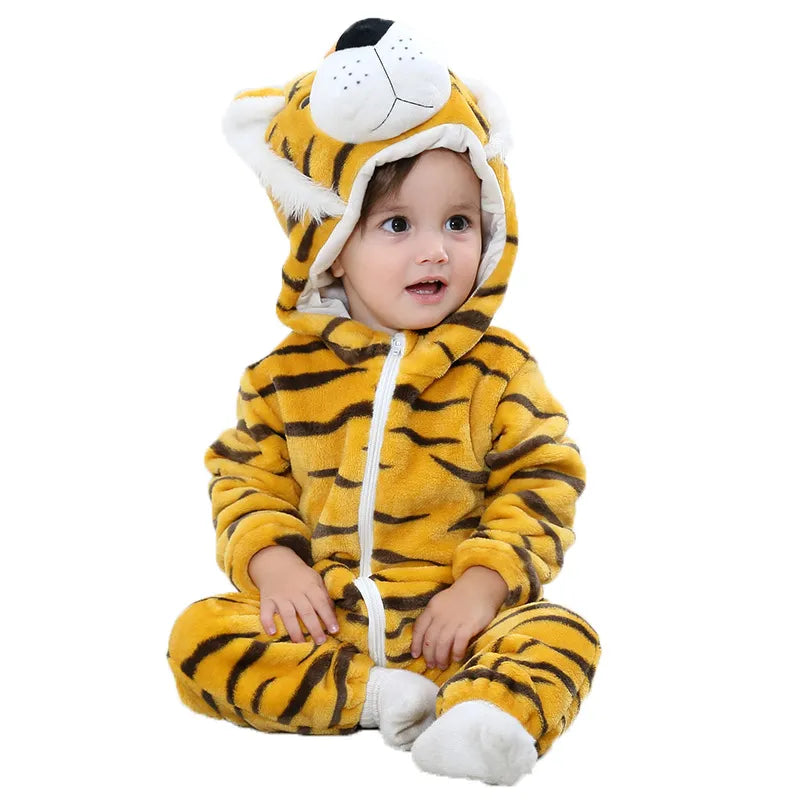 Close-up of a baby's animal pajama bodysuit showcasing soft flannel texture and intricate character details.