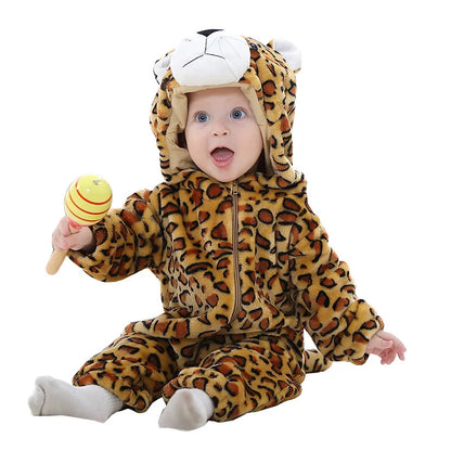 Happy baby wearing a charming animal pajama bodysuit, a warm flannel jumpsuit for ultimate comfort.