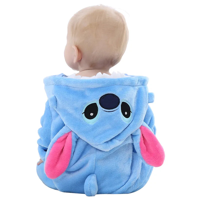 Baby in a vibrant animal pajama bodysuit, a cozy flannel one-piece perfect for sleep or imaginative play.