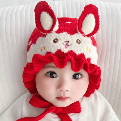 Front view of the adorable rabbit winter hat, highlighting its cute design for toddlers.