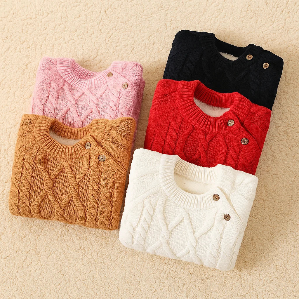 Close-up of a soft knitted wool baby sweater, showcasing the craftsmanship and cozy texture