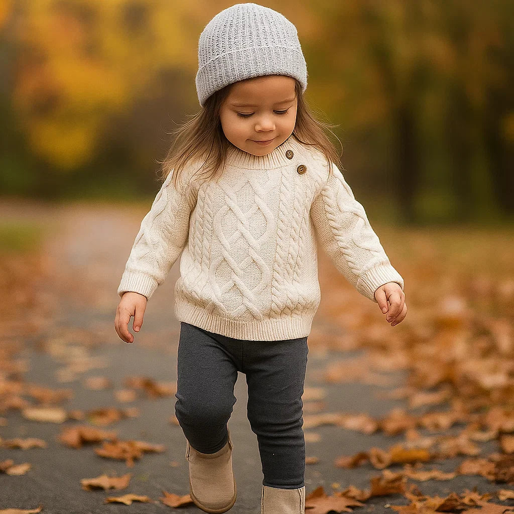 O-neck cartoon print baby sweater in a neutral color, comfortable and stylish for toddlers