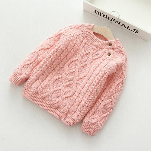 Front view of the chunky knit wool winter sweater for babies, featuring a playful design