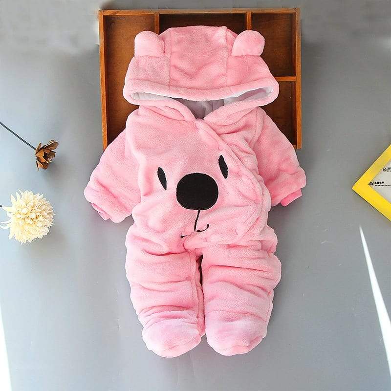 Unisex infant bear outfit with hood and ears, soft baby jumpsuit for chilly days.