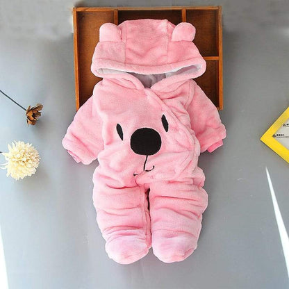 Unisex infant bear outfit with hood and ears, soft baby jumpsuit for chilly days.