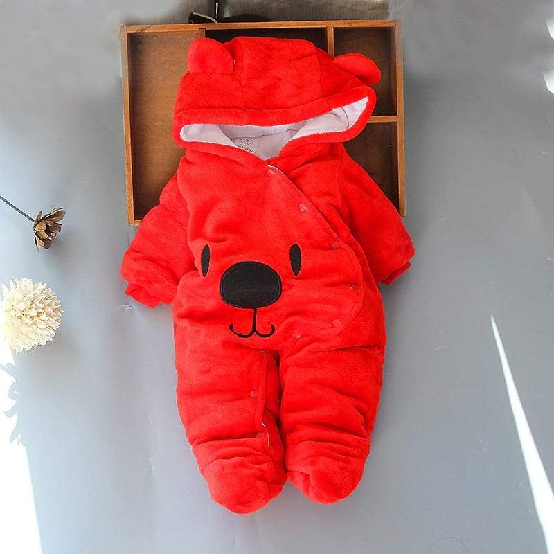 Cute hooded romper, a cozy bear jumpsuit for babies, ideal winter baby clothing.