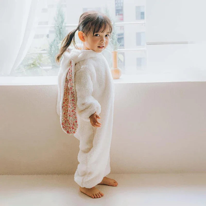 Unisex baby rabbit fleece romper with hood, comfortable newborn clothing.