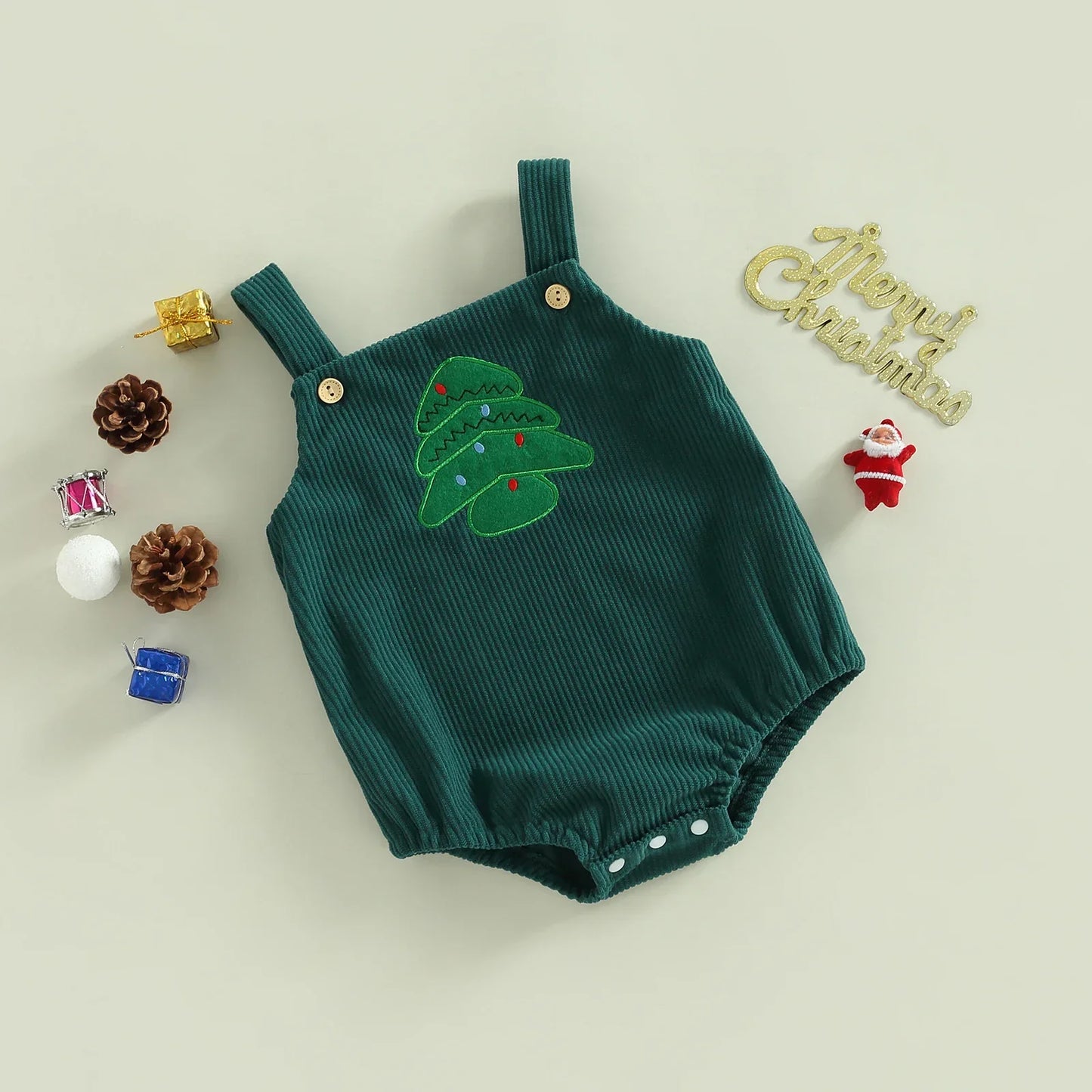 Infant Christmas holiday romper, red jumpsuit with white trim, ideal festive wear for babies.