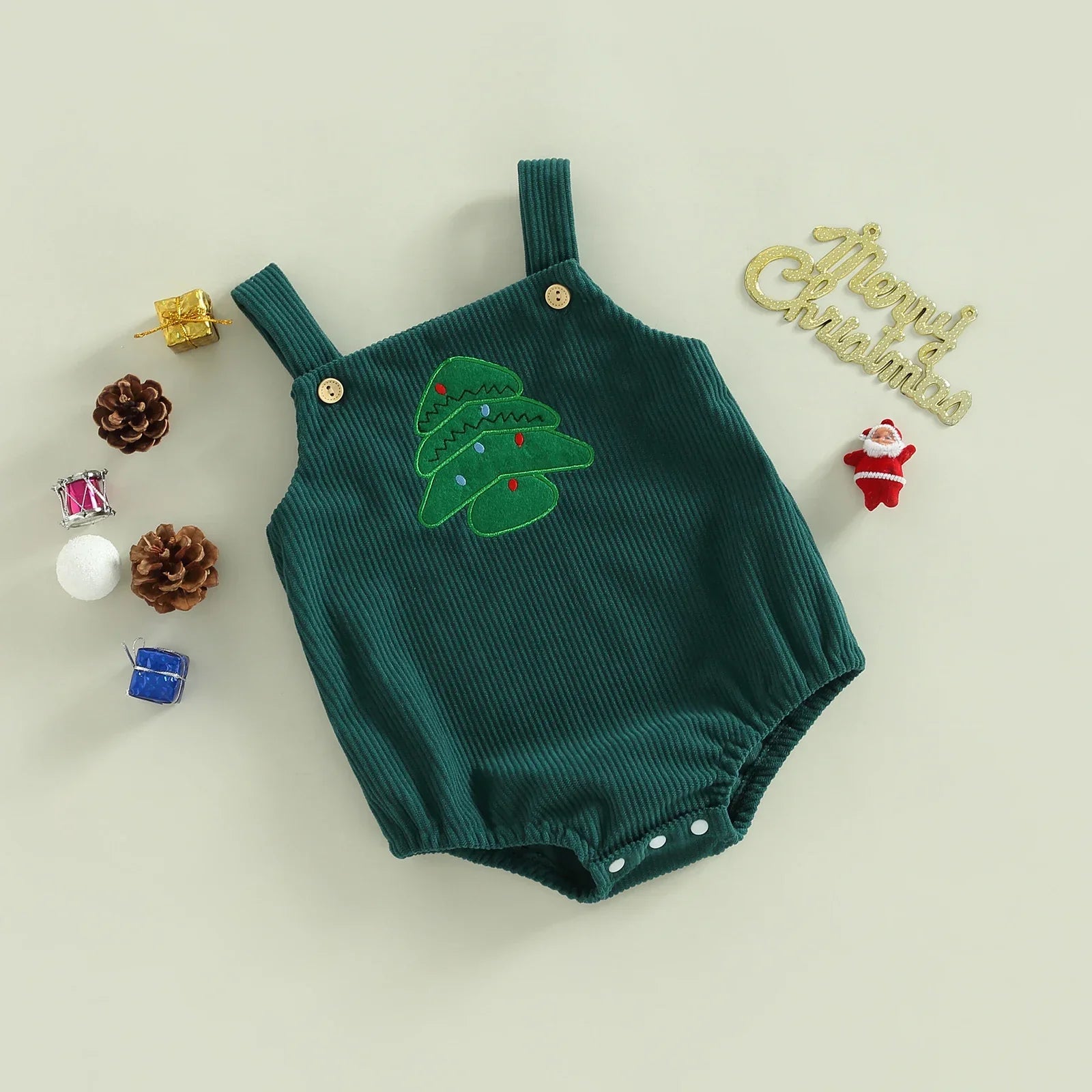 Infant Christmas holiday romper, red jumpsuit with white trim, ideal festive wear for babies.