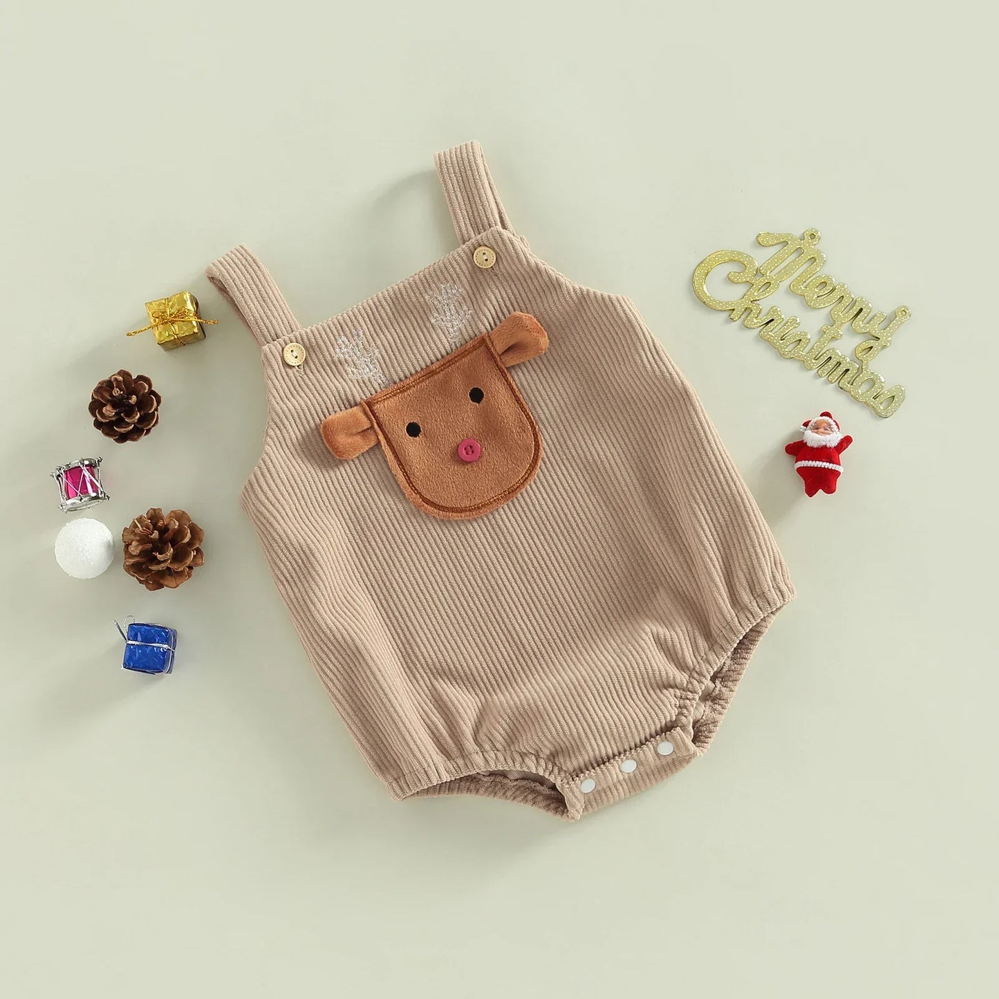 Cute baby holiday red romper with snap closures, perfect infant festive bodysuit for Christmas.