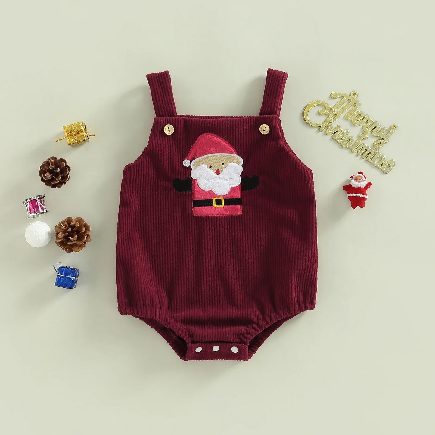 Festive baby Christmas jumpsuit, red and white holiday outfit, ideal for baby's first Christmas.