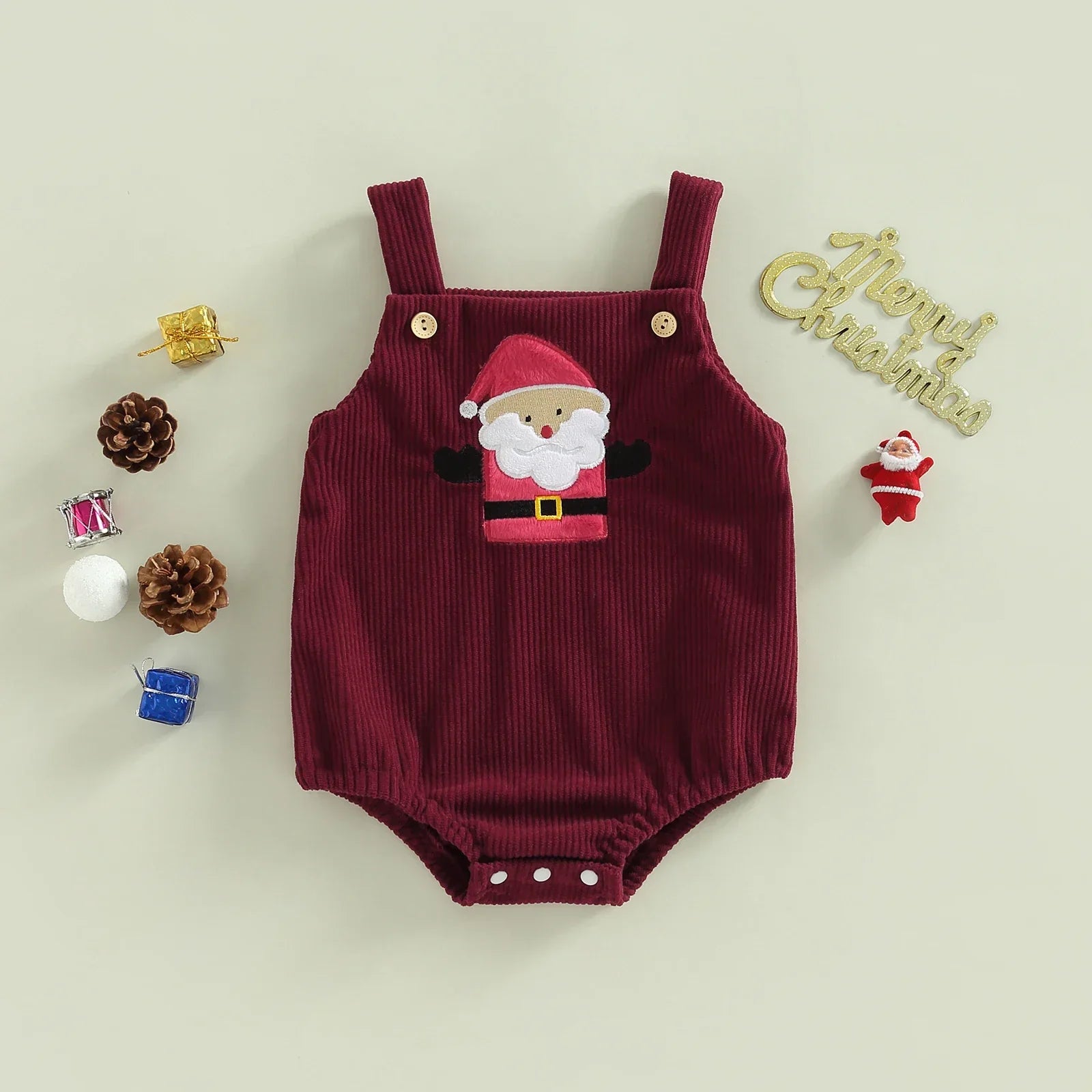 Festive baby Christmas jumpsuit, red and white holiday outfit, ideal for baby's first Christmas.