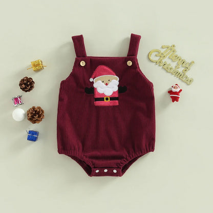 Festive baby Christmas jumpsuit, red and white holiday outfit, ideal for baby's first Christmas.