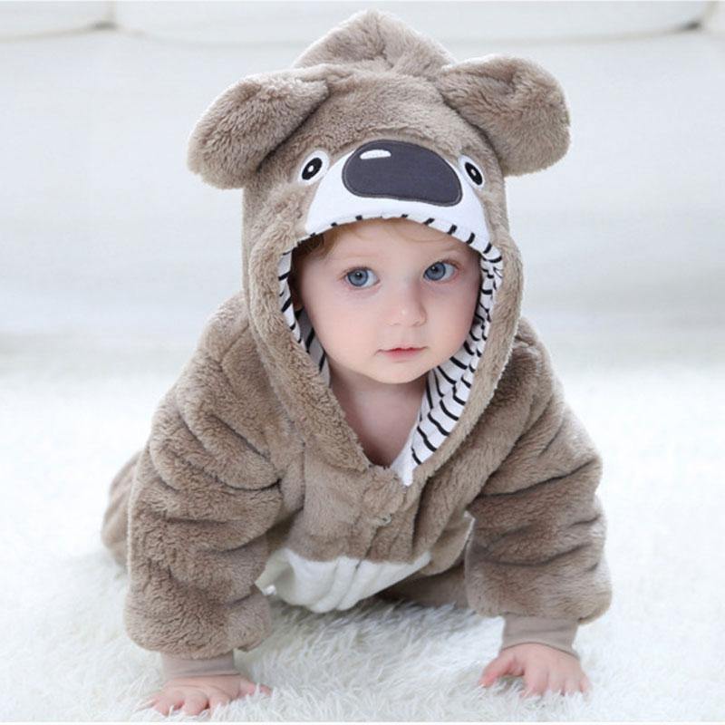 Adorable baby koala hooded jumpsuit, plush and warm for winter months, soft gray fabric, full body coverage.