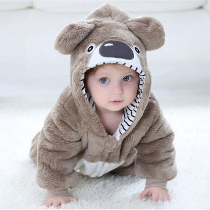 Adorable baby koala hooded jumpsuit, plush and warm for winter months, soft gray fabric, full body coverage.