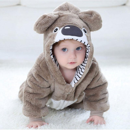 Adorable baby koala hooded jumpsuit, plush and warm for winter months, soft gray fabric, full body coverage.