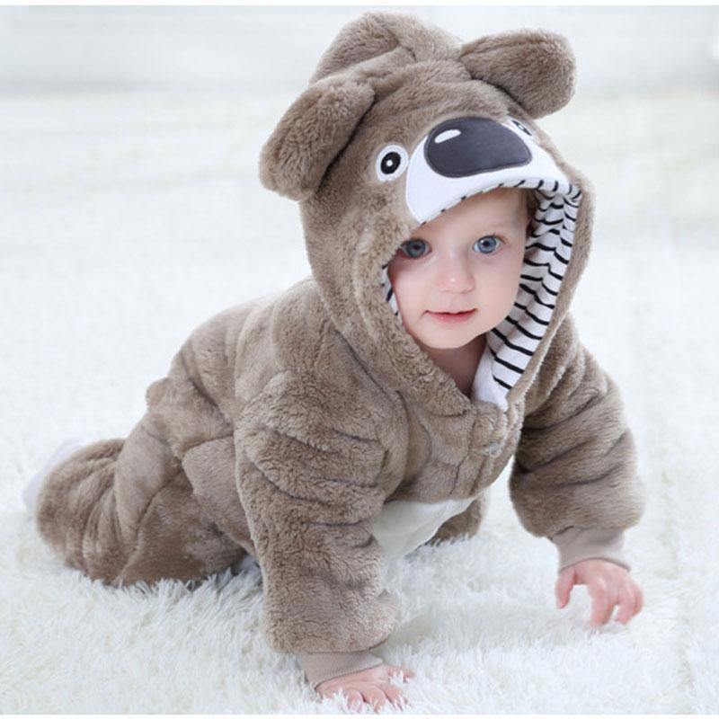 Cute infant in a cozy koala bodysuit, perfect for winter warmth, featuring hood with ears, gentle on baby's skin.