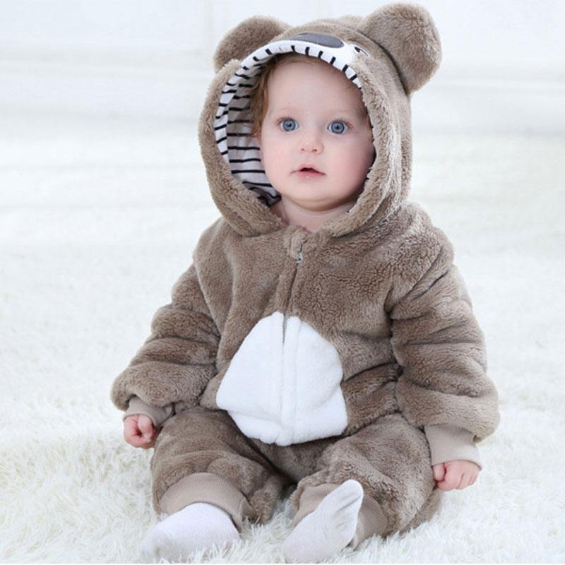 Warm baby romper, gray koala design with hood and ears, ideal for cold weather, comfortable plush material.