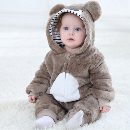 Warm baby romper, gray koala design with hood and ears, ideal for cold weather, comfortable plush material.