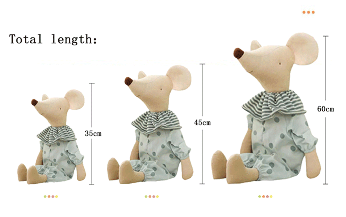 Side profile of a baby mouse stuffed animal, emphasizing its cute form and quality craftsmanship.