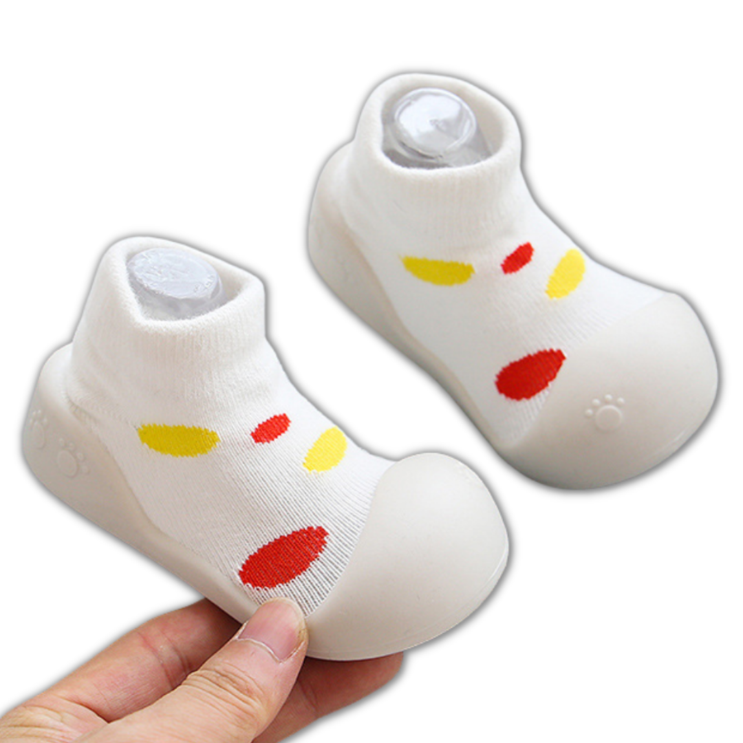 Baby's first walking shoes: non-slip soft sole cotton booties in a cute multicolor design.