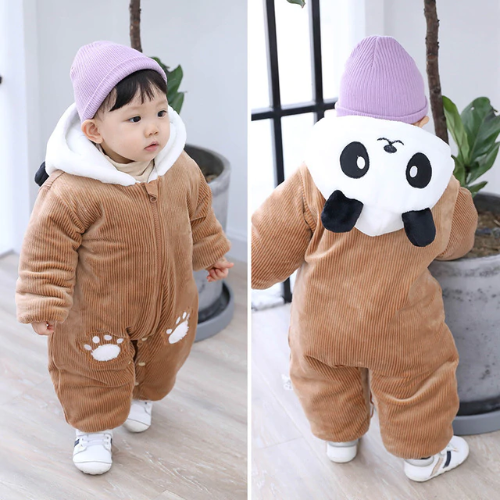 Adorable baby panda romper for infants, cozy animal costume with hood, snuggly newborn essentials baby clothing.