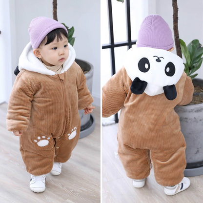 Adorable baby panda romper for infants, cozy animal costume with hood, snuggly newborn essentials baby clothing.