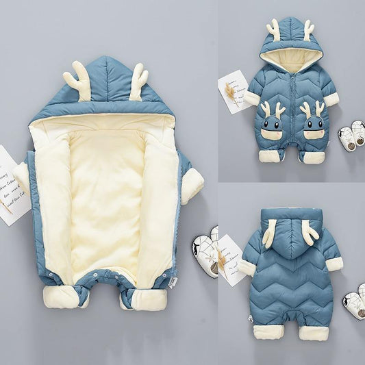 Adorable baby reindeer padded onesie, perfect for cozy winter wear & festive holiday celebrations.