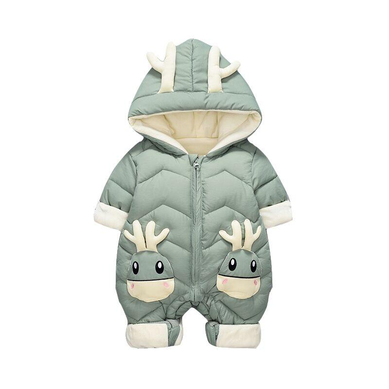 Cute infant reindeer jumpsuit with soft padding, ideal for keeping babies warm during winter.