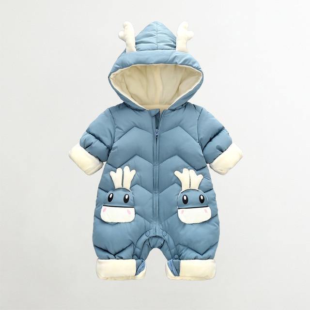 Super soft & warm baby reindeer padded jumpsuit, essential cozy infant winter apparel.