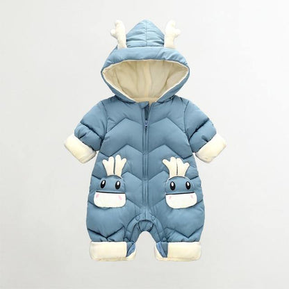 Super soft & warm baby reindeer padded jumpsuit, essential cozy infant winter apparel.