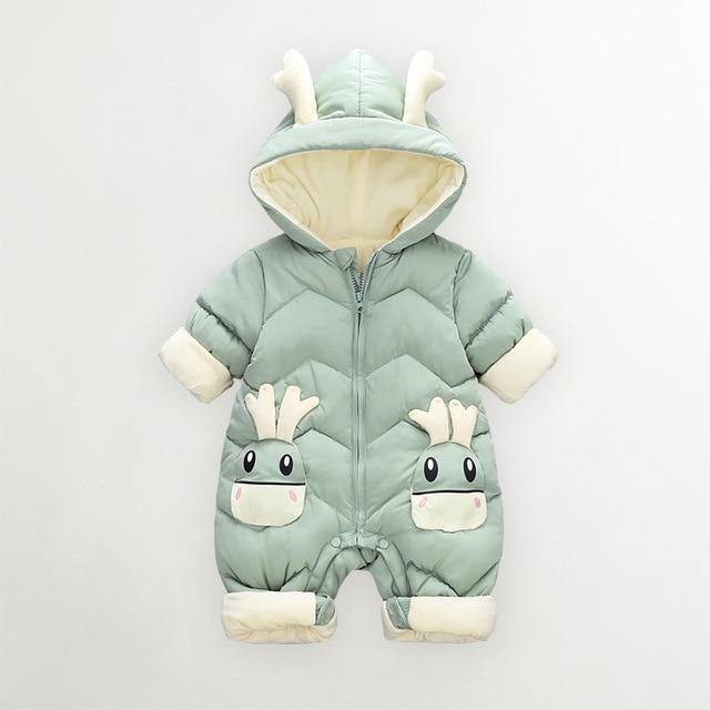 Adorable toddler reindeer Christmas outfit, a comfortable padded romper for festive winter fun.
