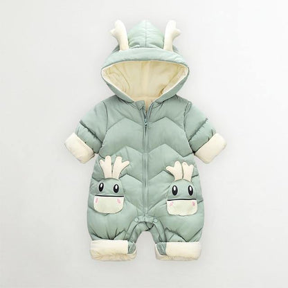 Adorable toddler reindeer Christmas outfit, a comfortable padded romper for festive winter fun.