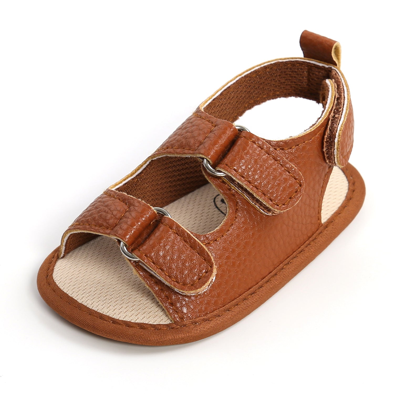 Detail of the secure hook-and-loop closure on toddler summer sandals.
