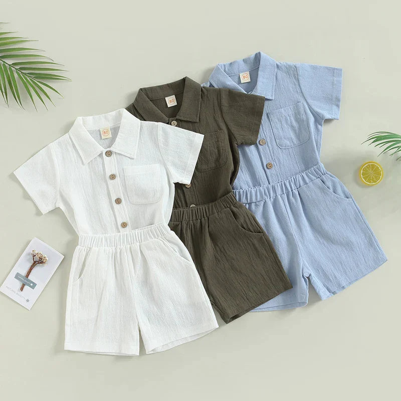 Adorable baby & toddler cotton shirt and pants set in light blue, perfect for summer wear.