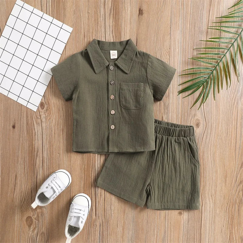 Soft spring attire for infants: a breathable cotton shirt and pants set for boys or girls.