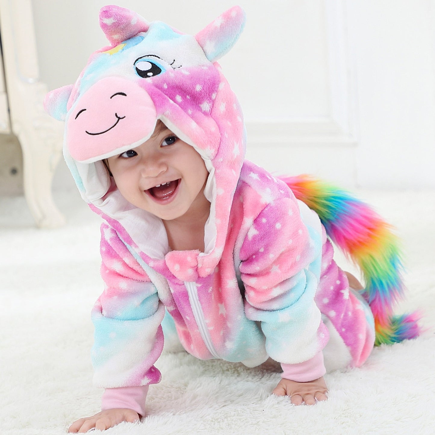 Adorable baby unicorn plush onesie, soft hooded jumpsuit for infants, cozy newborn gift