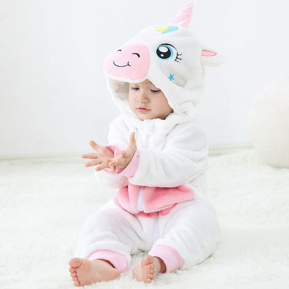 Cute hooded baby unicorn onesie, white with rainbow accents, soft infant sleeper outfit