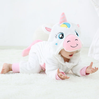 Baby unicorn plush jumpsuit, cozy hooded romper for newborns, perfect for baby shower gift